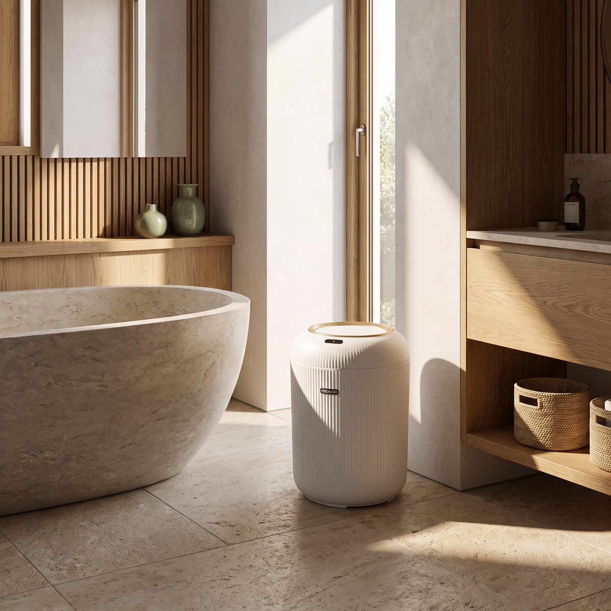 White sensor bin on a tiled bathroom floor beside a freestanding bath