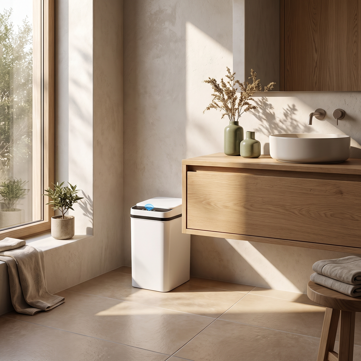 White sensor bin on a tiled bathroom floor beside a wall hung basin