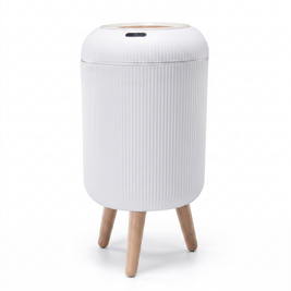 White motion sensor trash can with feet on a white background
