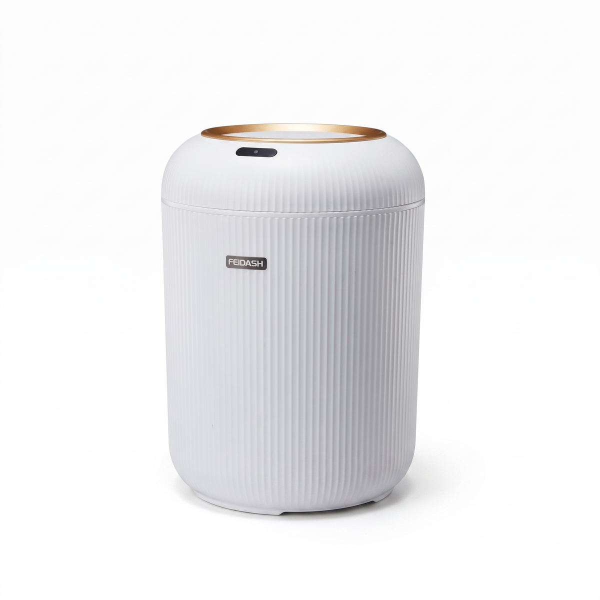 White motion sensor trash can on a white background