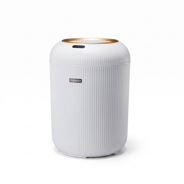 White motion sensor trash can on a white background