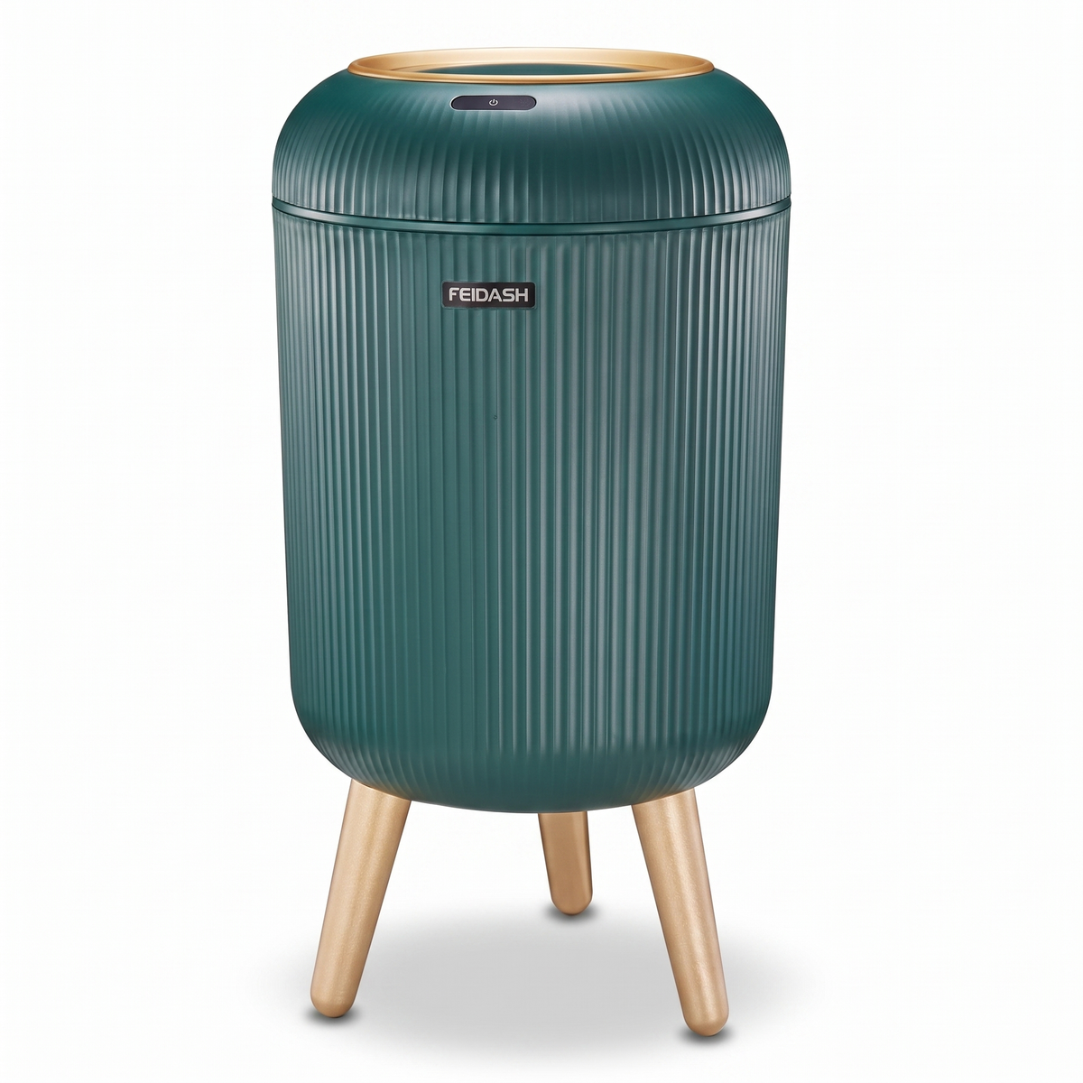 Dark green motion sensor trash can with feet on a white background