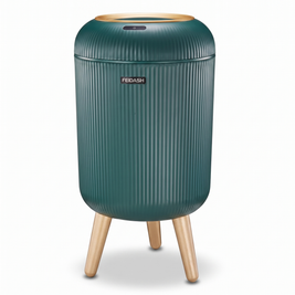 Dark green motion sensor trash can with feet on a white background
