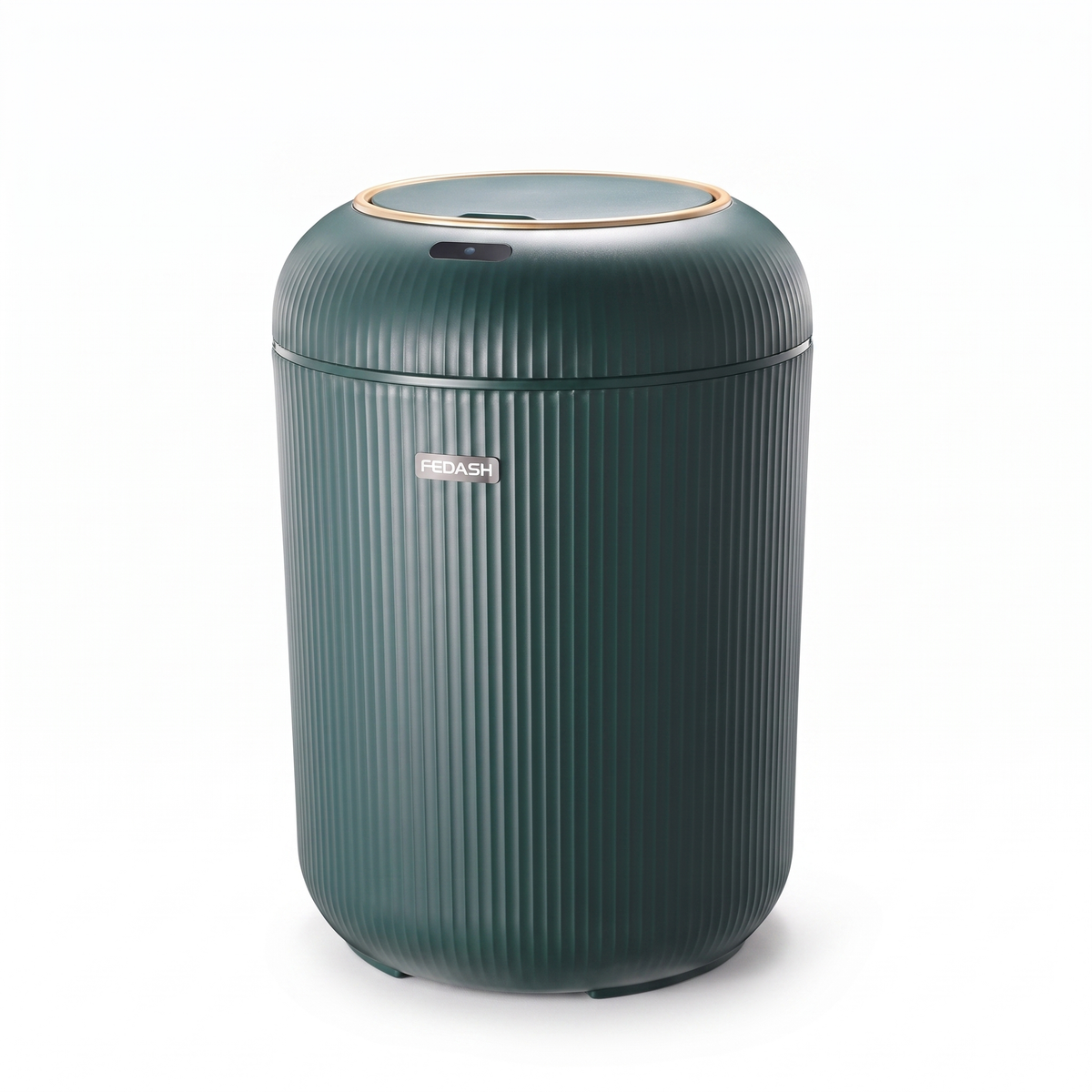Dark green motion sensor trash can on a white background