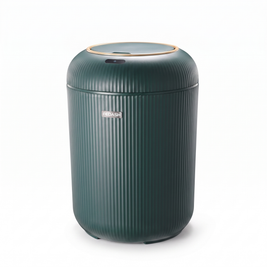 Dark green motion sensor trash can on a white background