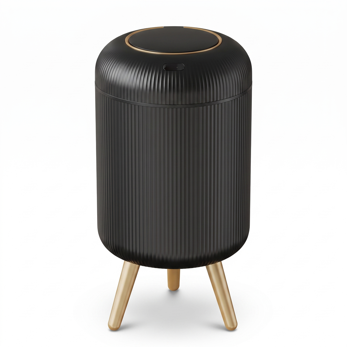 Black and gold motion sensor trash can with feet on a white background