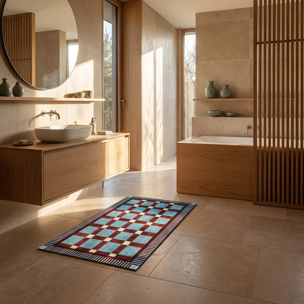Teal checkerboard bath mat in front of a basin in a Japandi bathroom