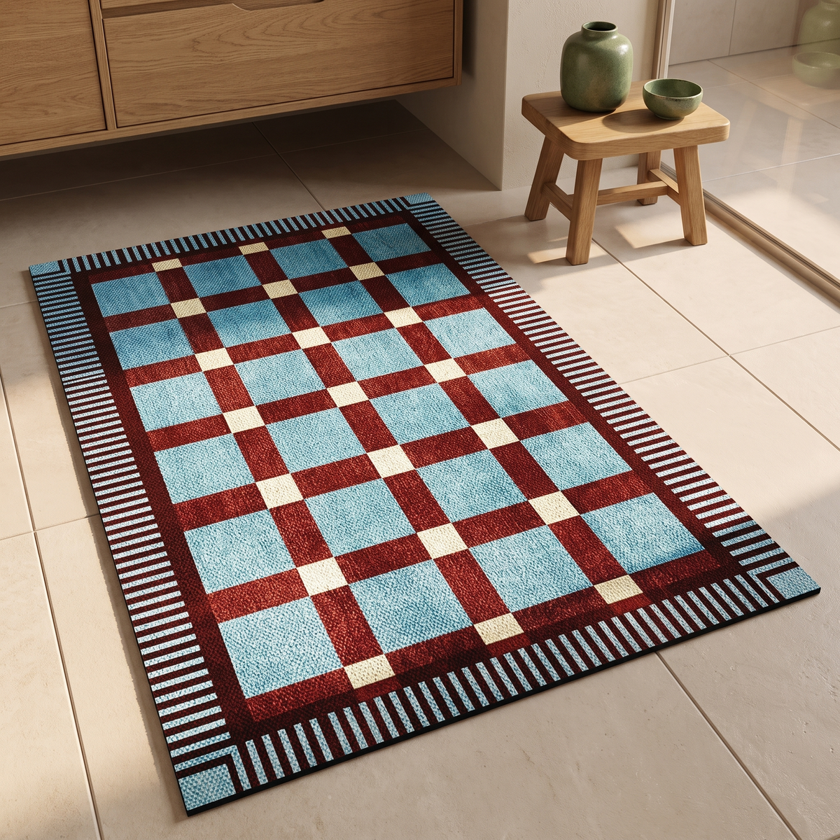 Teal and cream checkerboard bath mat, close-up on tiled bathroom floor
