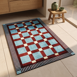 Teal and cream checkerboard bath mat, close-up on tiled bathroom floor