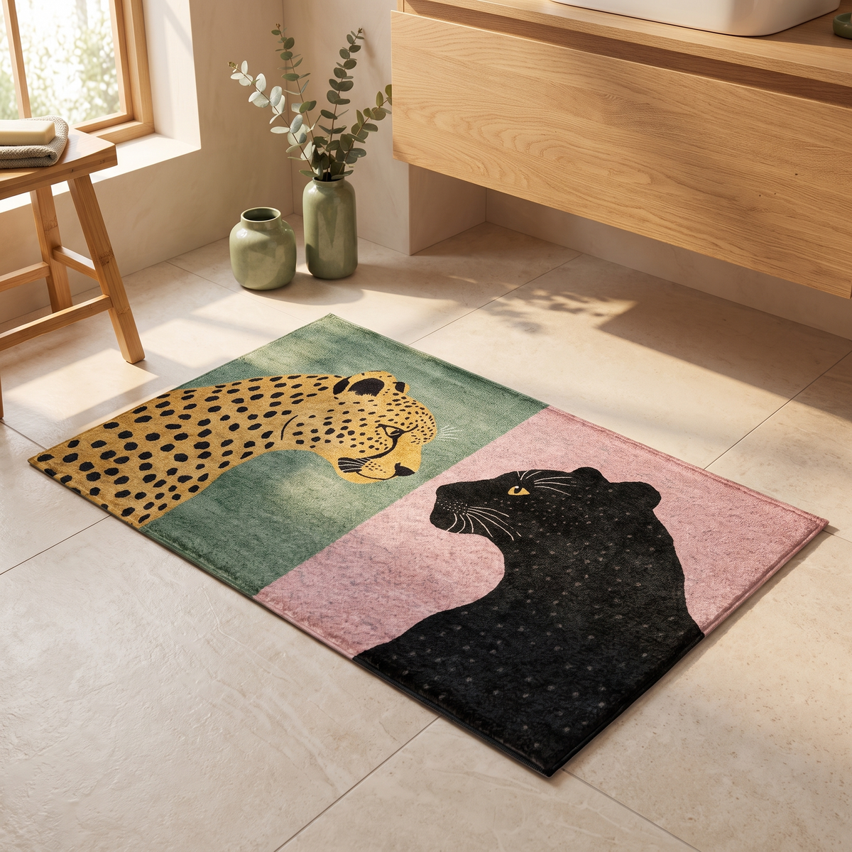 Leopard print flannel bath mat, close-up on tiled floor