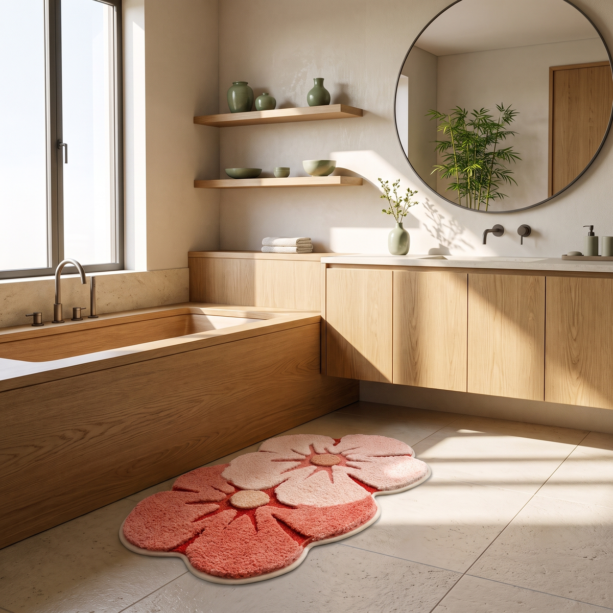 Cloud shaped floral bath mat beside a bath in a Japandi bathroom