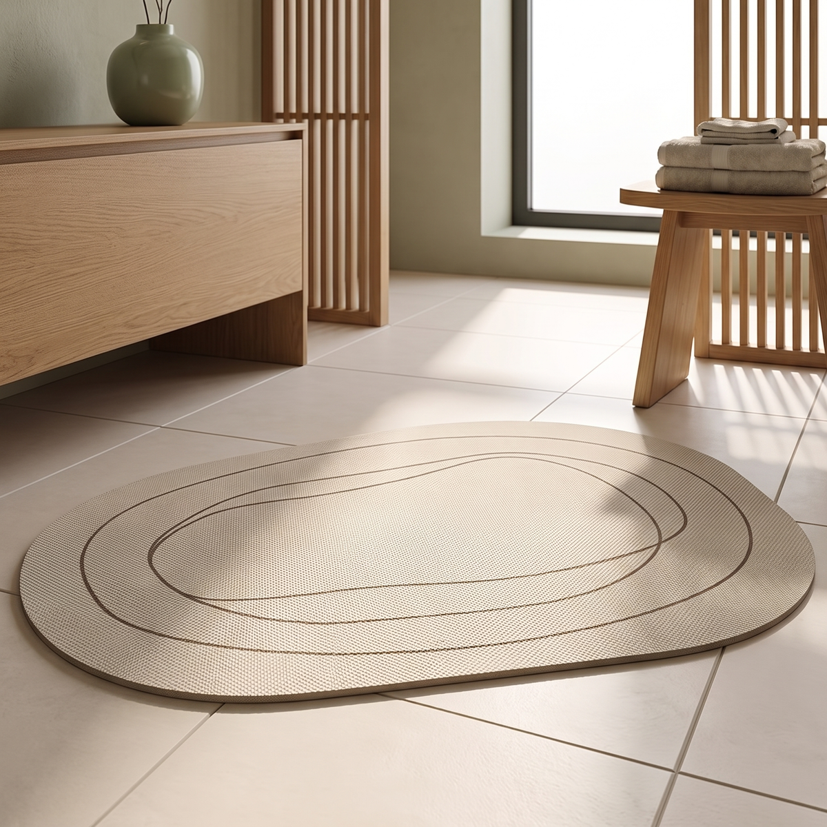 Neutral oval bath mat with geometric line, close-up on tile