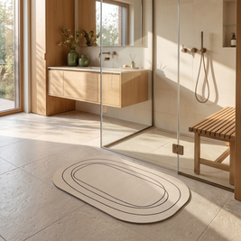 Oval bath mat beside a shower in a Japandi shower room