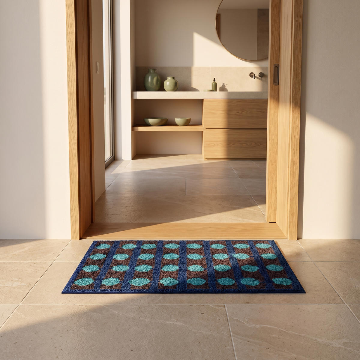 Bauhaus dot bath mat at a bathroom doorway