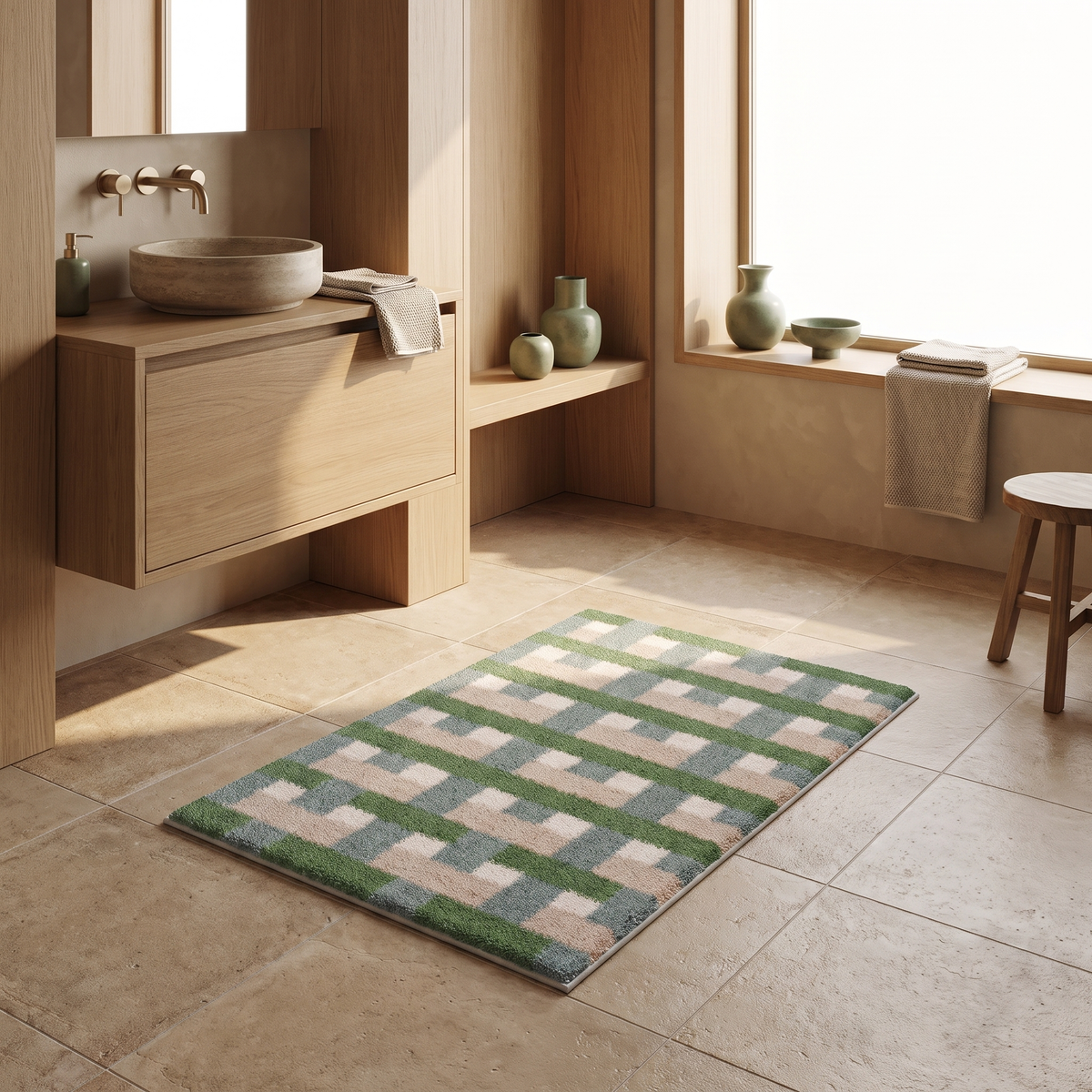 Retro tile bath mat in a Japandi guest toilet
