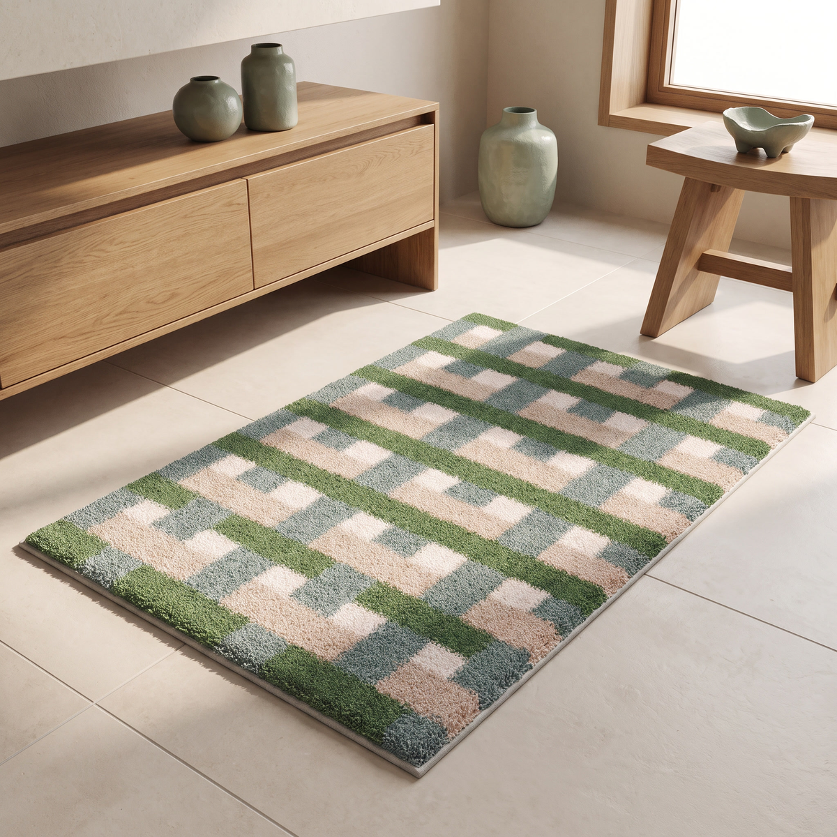 Sage green retro tile pattern bath mat, close-up