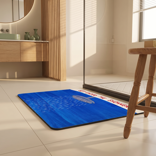 Thin blue quick-dry shower mat, close-up on tile
