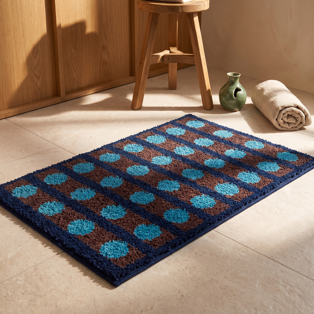 Navy bath mat with multicolor dots, close-up on tile