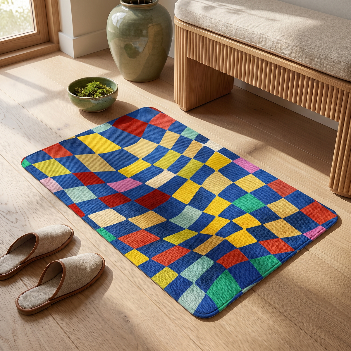 Gradient diamond lattice mat, close-up on oak floor
