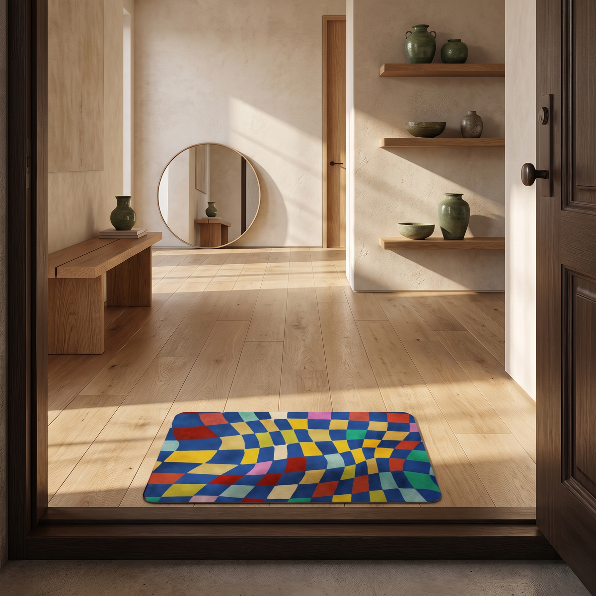 Diamond pattern mat inside a Japandi entryway door