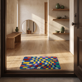 Diamond pattern mat inside a Japandi entryway door