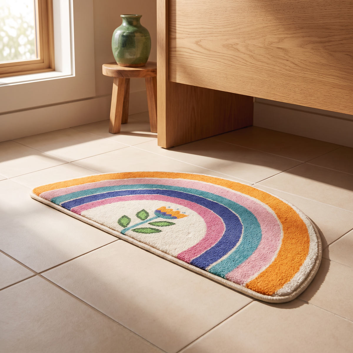 Rainbow arc half moon bath mat, close-up on tiled floor