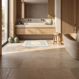Daisy print bath mat in front of a basin in a Japandi bathroom