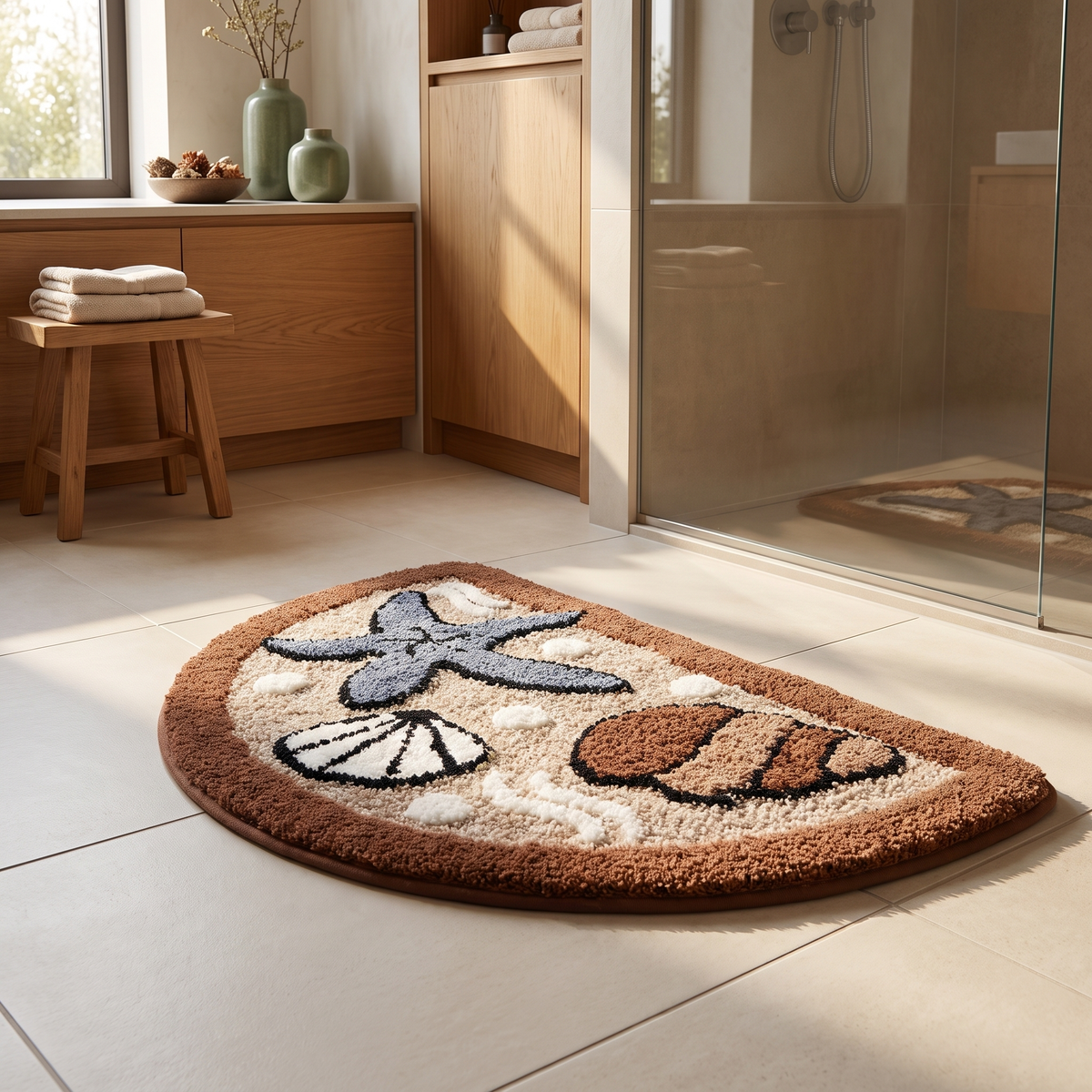 Semicircle flocked bath mat, close-up showing curved edge