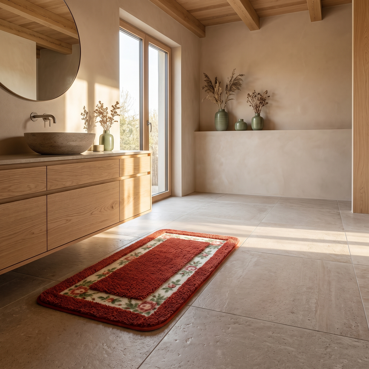 Floral border bath mat in front of a basin in a Japandi bathroom