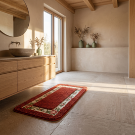 Floral border bath mat in front of a basin in a Japandi bathroom