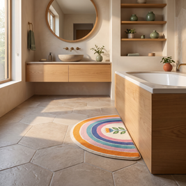 Half moon rainbow bath mat against the bath in a Japandi bathroom