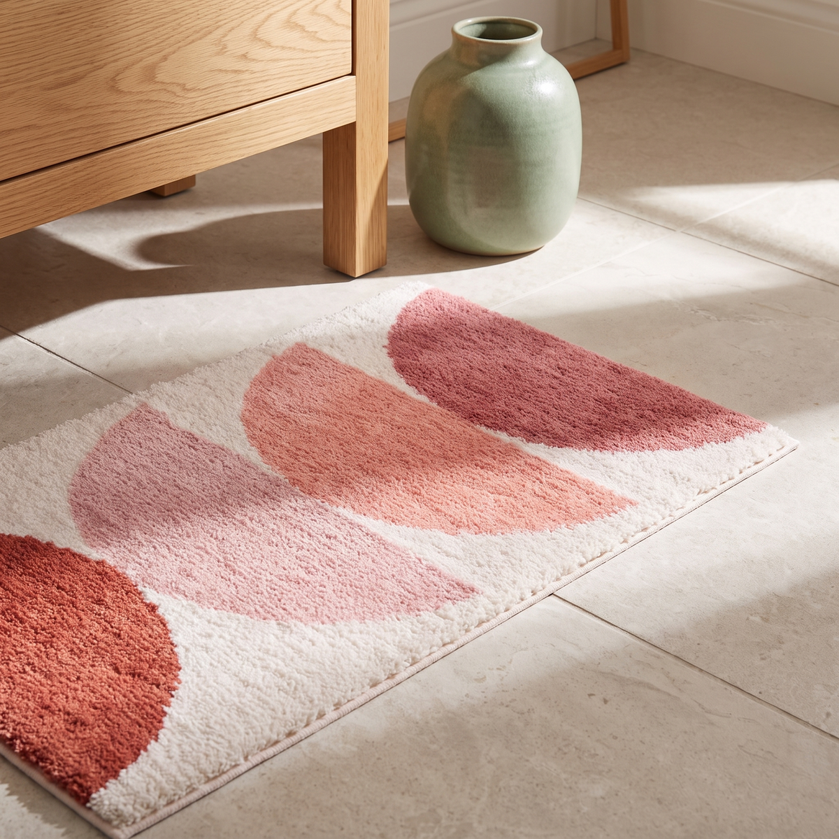 Pink sunset gradient bath mat, close-up on tile
