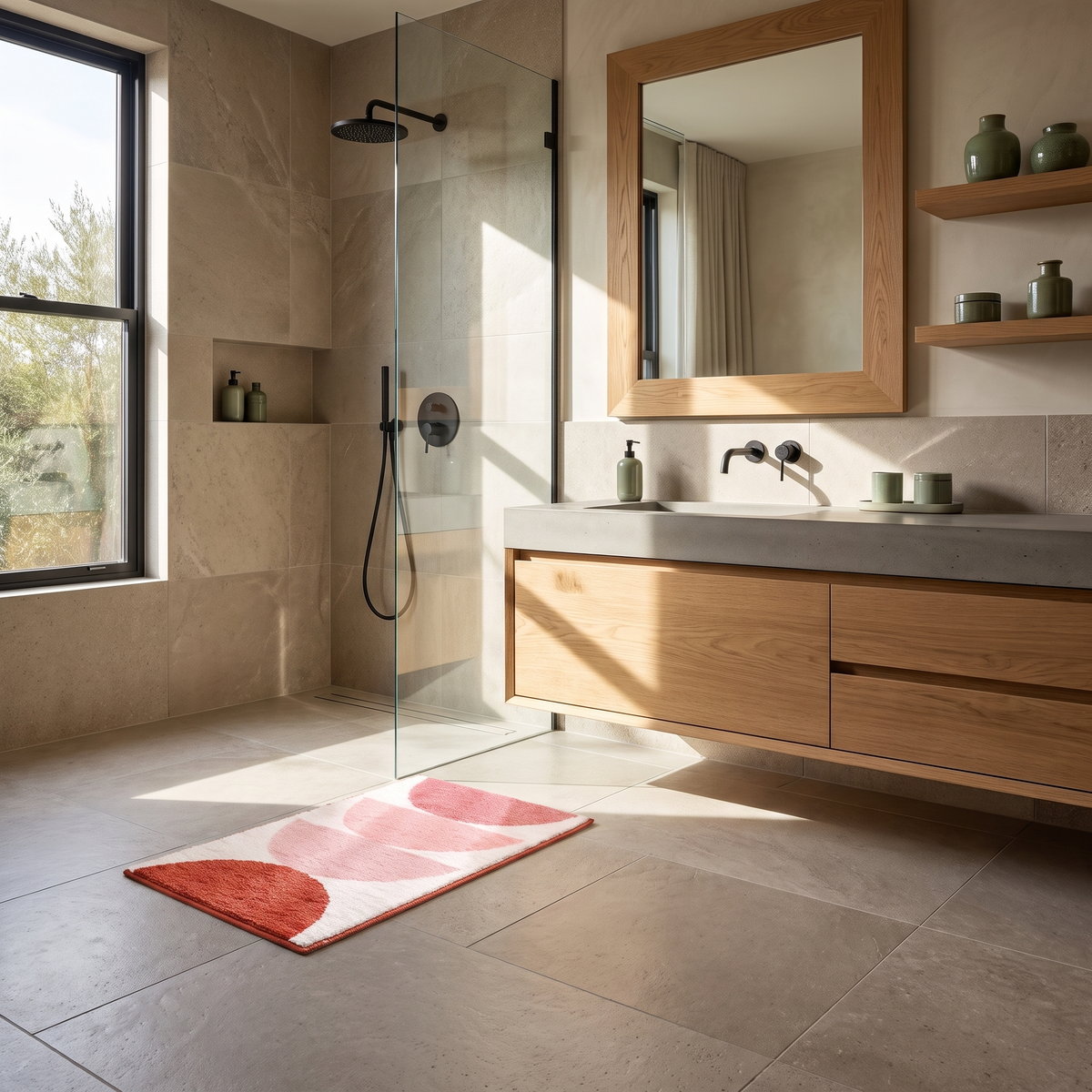 Sunset gradient bath mat beside a shower in a Japandi bathroom