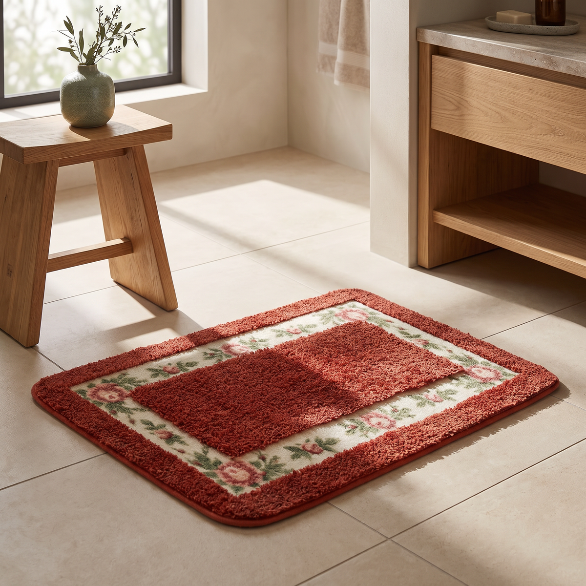 Floral border bath mat with plain centre, close-up