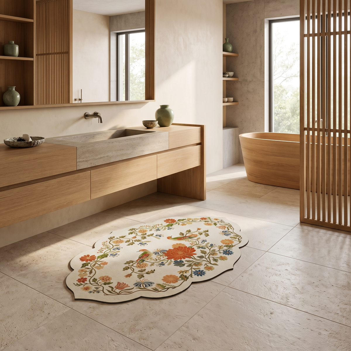 Quick-dry Moroccan floral bath mat in a Japandi family bathroom