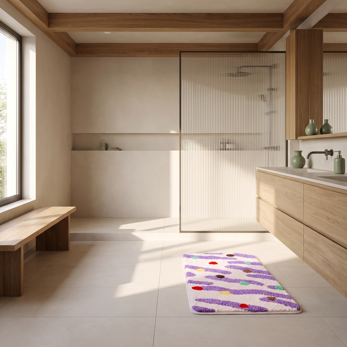 Silicone dot bath mat beside a shower in a Japandi bathroom