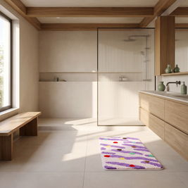 Silicone dot bath mat beside a shower in a Japandi bathroom