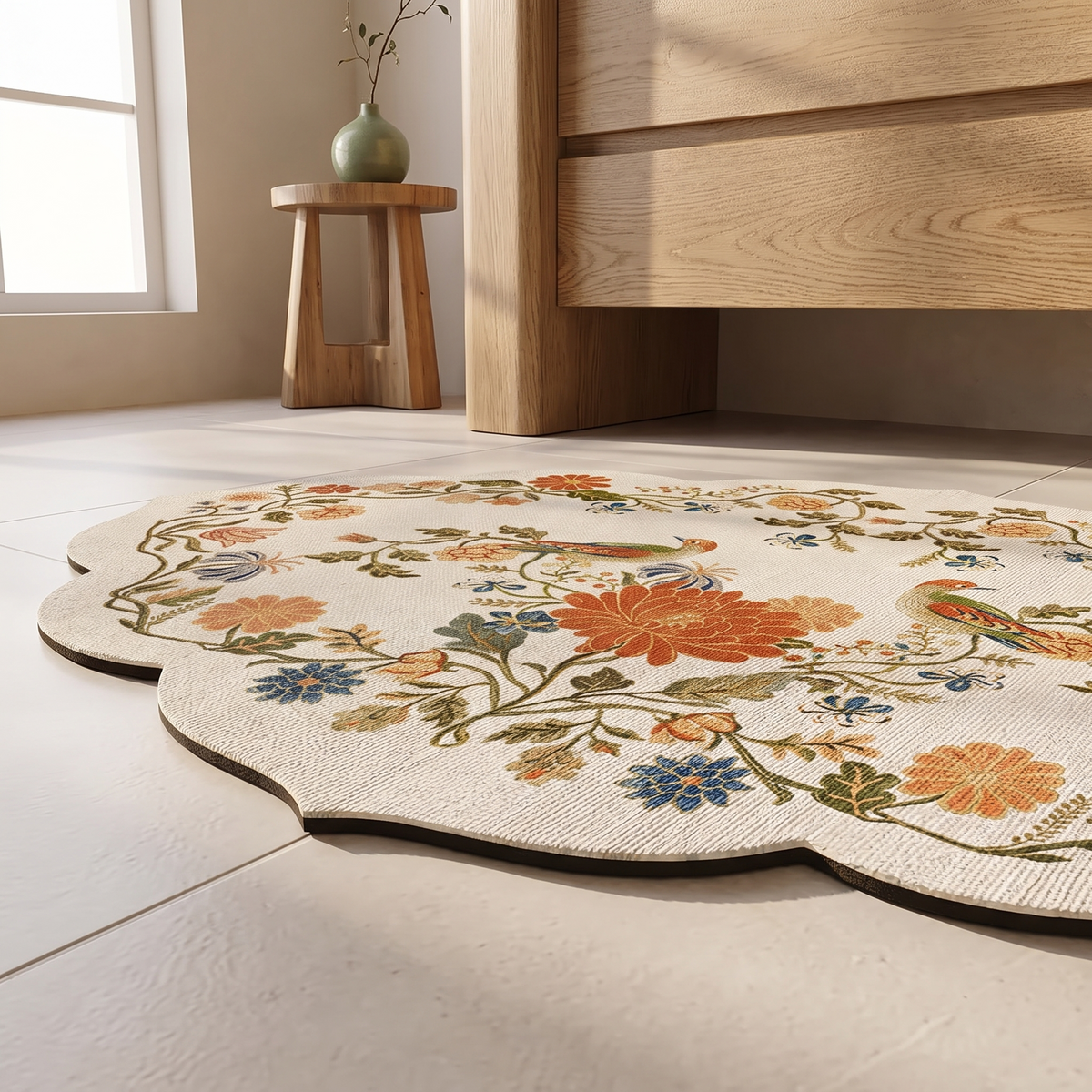 Moroccan floral quick-dry bath mat, close-up on tile