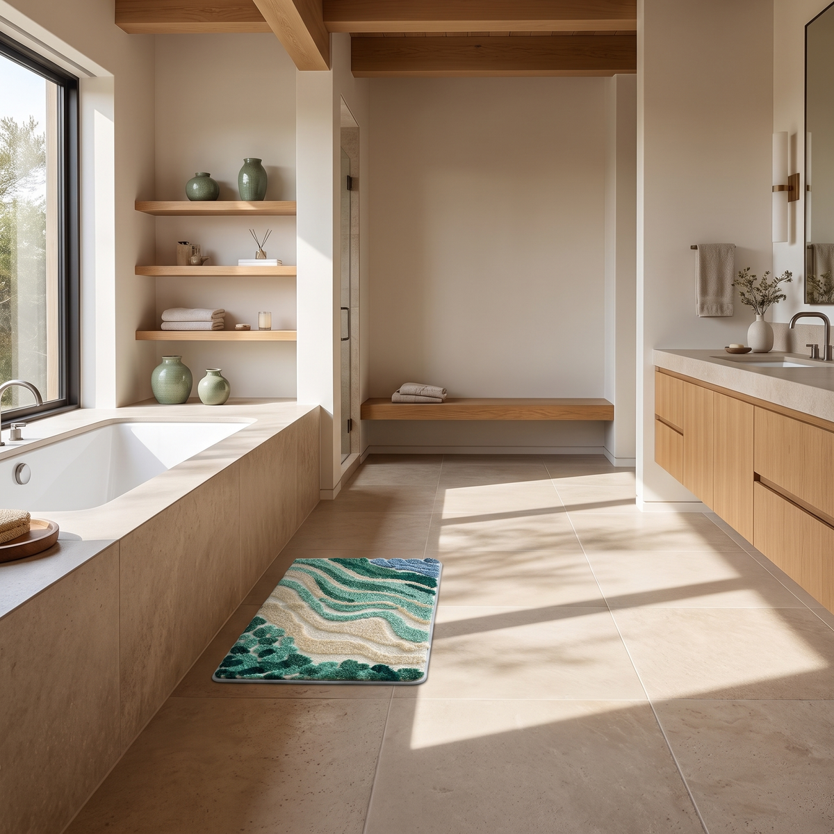 Coastal wave bath mat beside a bath in a Japandi bathroom