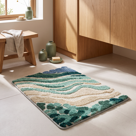 Wave pattern bath mat in blue and green, close-up