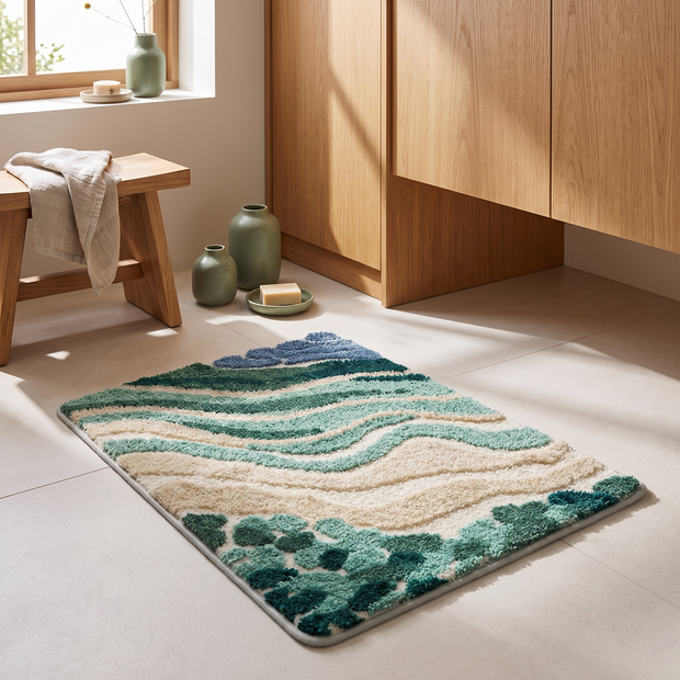 Wave pattern bath mat in blue and green, close-up