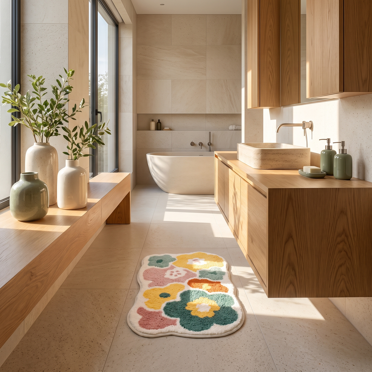 Tufted floral bath mat in front of a basin in a Japandi bathroom