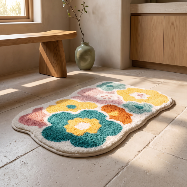 Tufted floral bath mat with raised pile, close-up