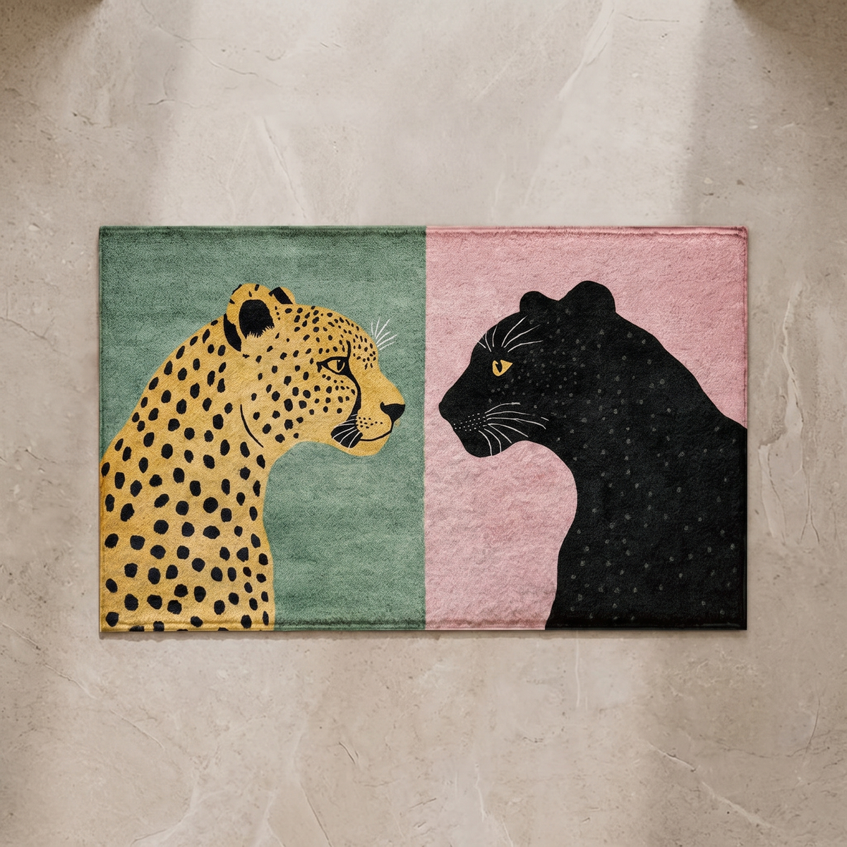 Leopard print bath mat, overhead on stone floor
