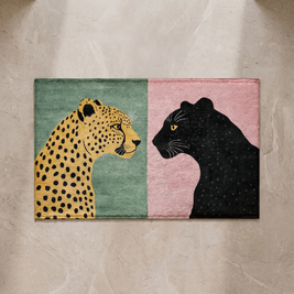 Leopard print bath mat, overhead on stone floor