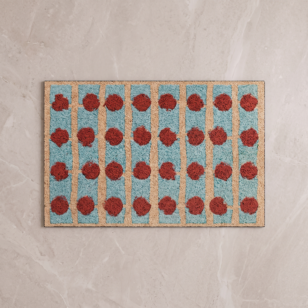 Tripartite Law Bauhaus bath mat, overhead on stone floor
