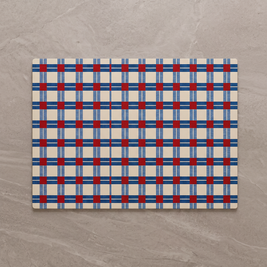 Red and Blue Grid Bauhaus bath mat, overhead on stone floor