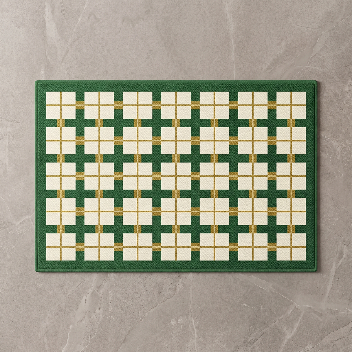 Green and white checkerboard bath mat, overhead on stone floor