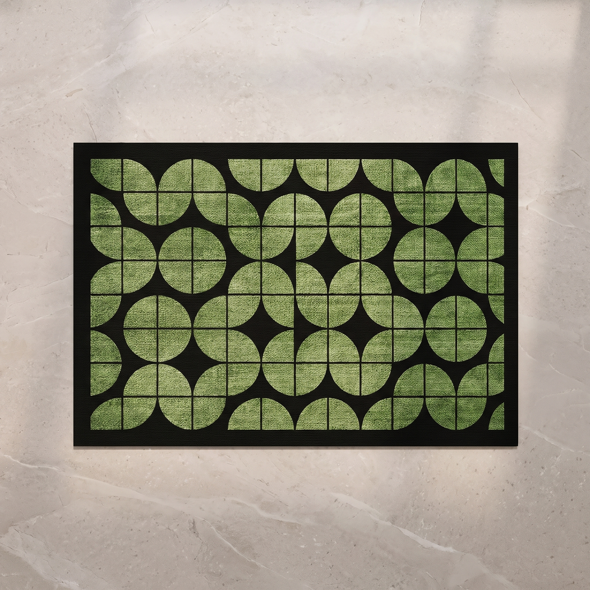 Deep green checkerboard bath mat, overhead on stone floor