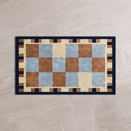 Blue grey checkerboard bath mat, overhead on stone floor
